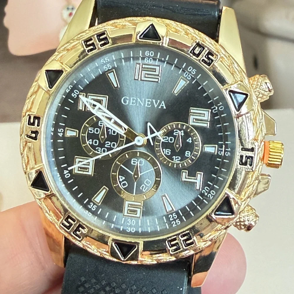 Geneva Black Dial Gold Bezel Watch.