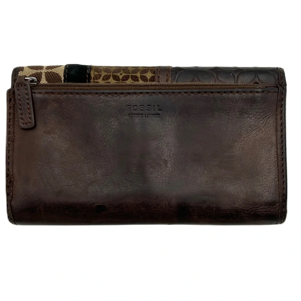 Vntg Fossil Wallet Card Holder Leather Trifold Coin Zip Classic Brown‎ Classic