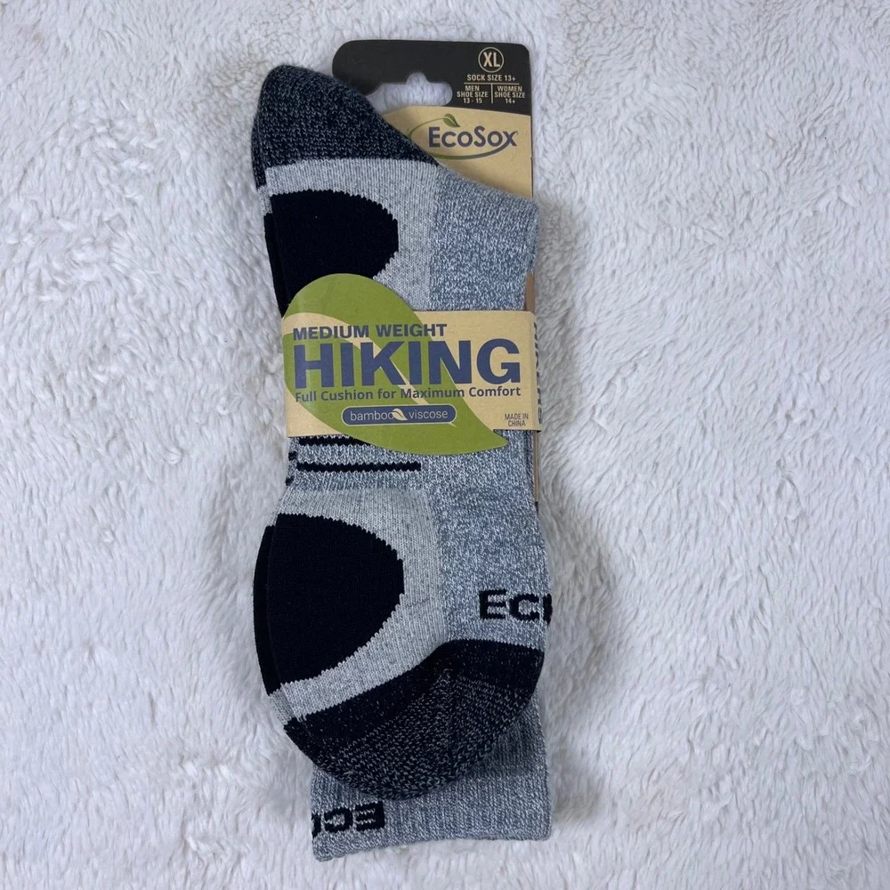 EcoSox Mens XL Hiking Socks Bamboo Viscose Medium Weight Full Cushion Grey‎ NEW