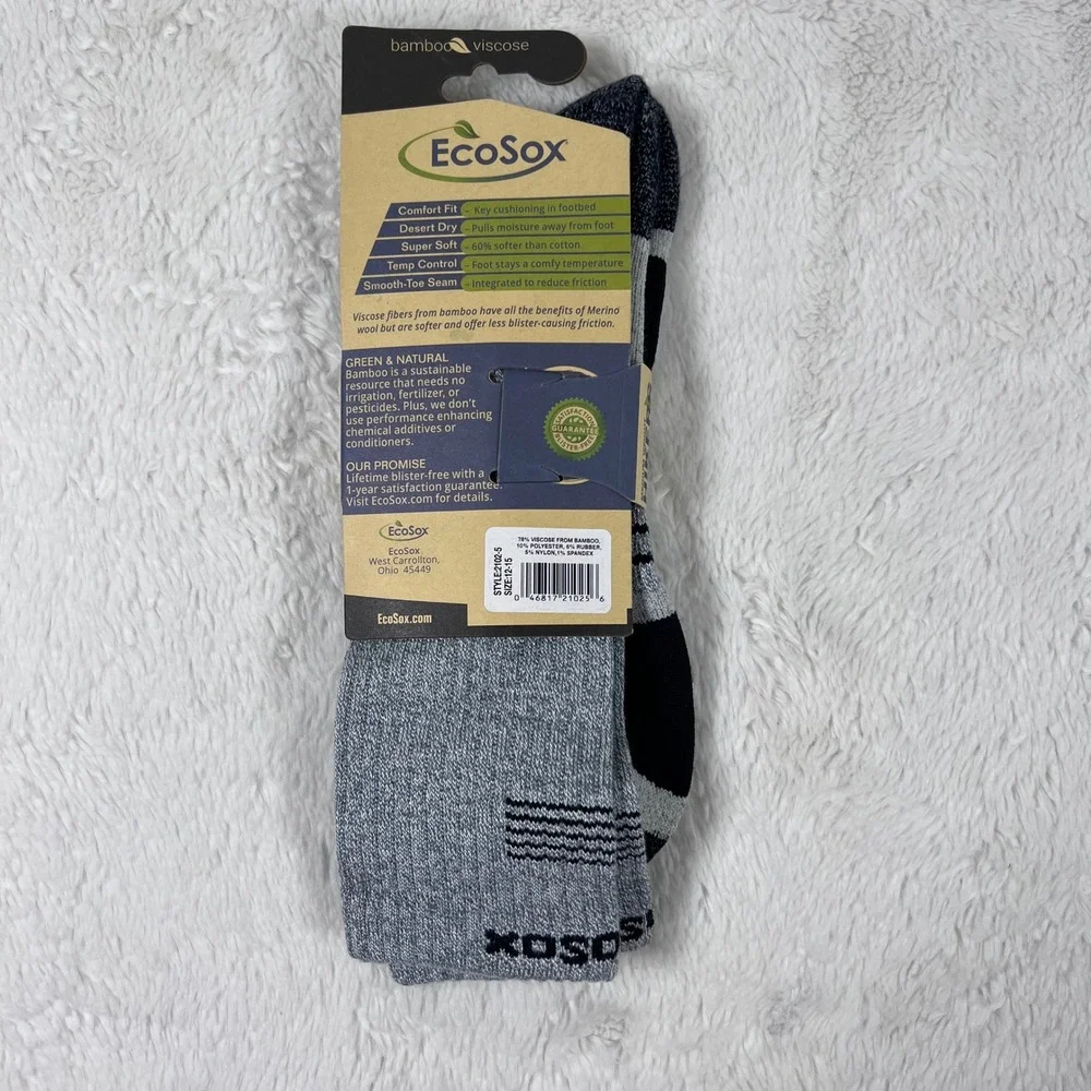 EcoSox Mens XL Hiking Socks Bamboo Viscose Medium Weight Full Cushion Grey‎ NEW