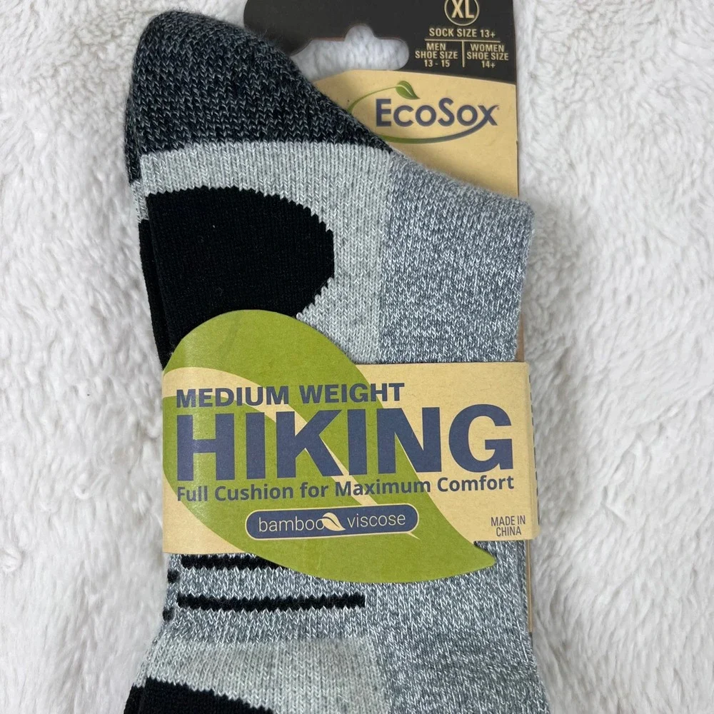 EcoSox Mens XL Hiking Socks Bamboo Viscose Medium Weight Full Cushion Grey‎ NEW