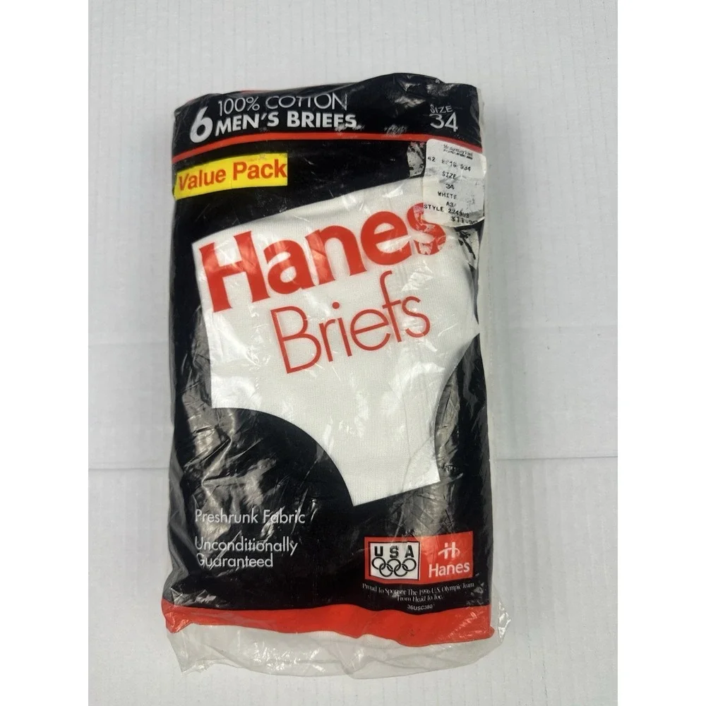 VTG Hanes Briefs Mens Size 34 White Cotton Pack of 6 New Old Stock Package 1994
