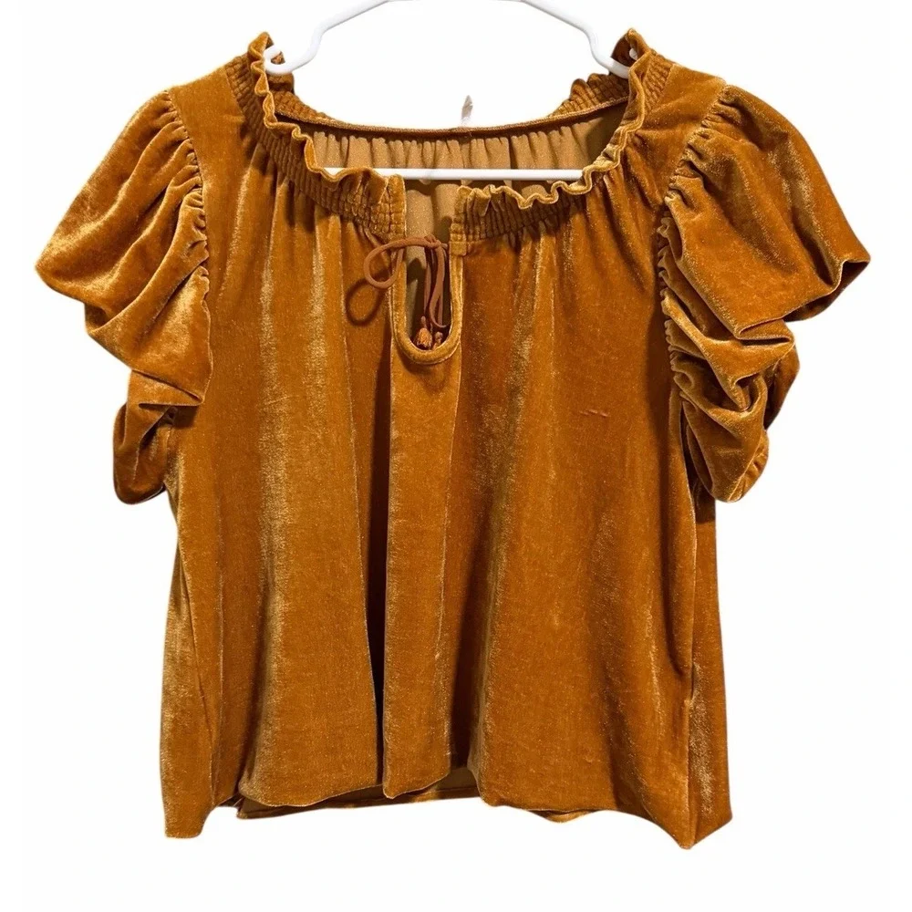 Free People Terese Velvet Top Pumpkin Pie Tie Neck Blouse Women's‎ Size XS