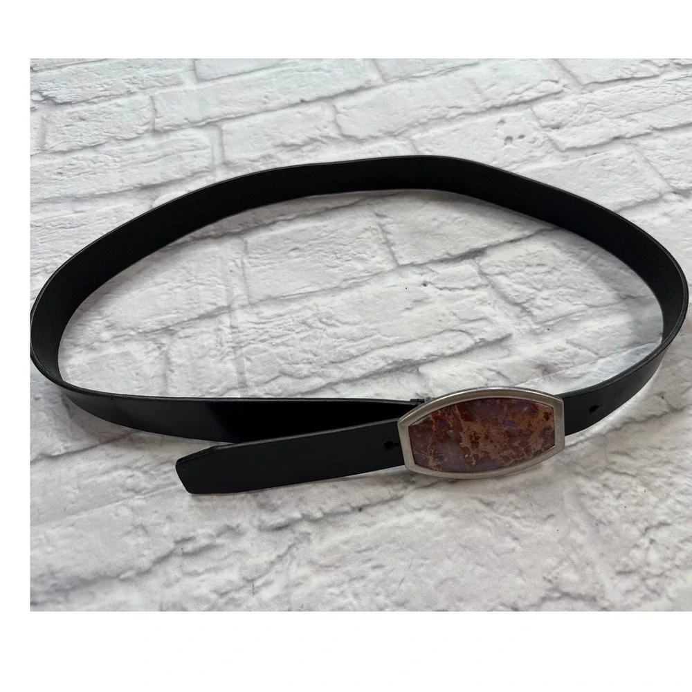 Coldwater Creek Leather Belt Womens Medium Black Excellent Stone Buckle Boho