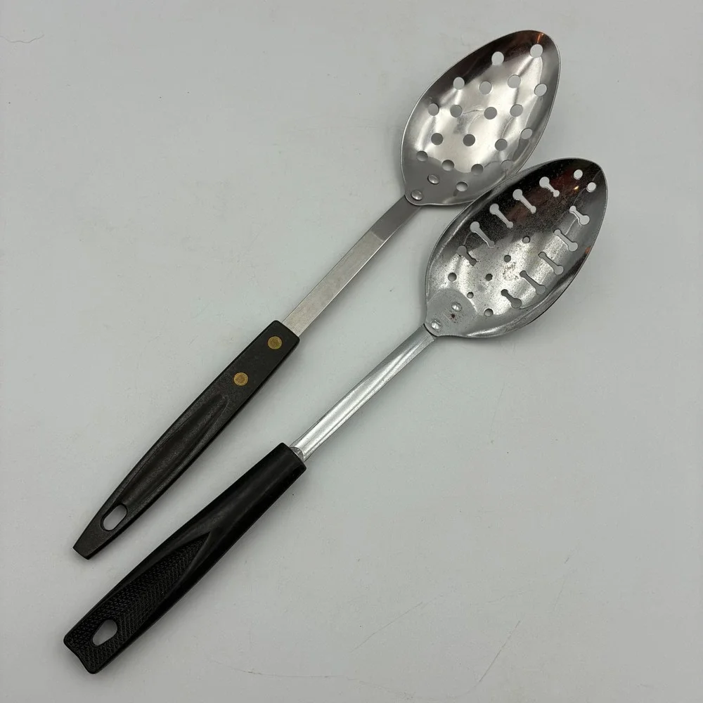 Vintage Ekco Slotted Spoon & Stainless Perforated Spoon Set Made in USA Black