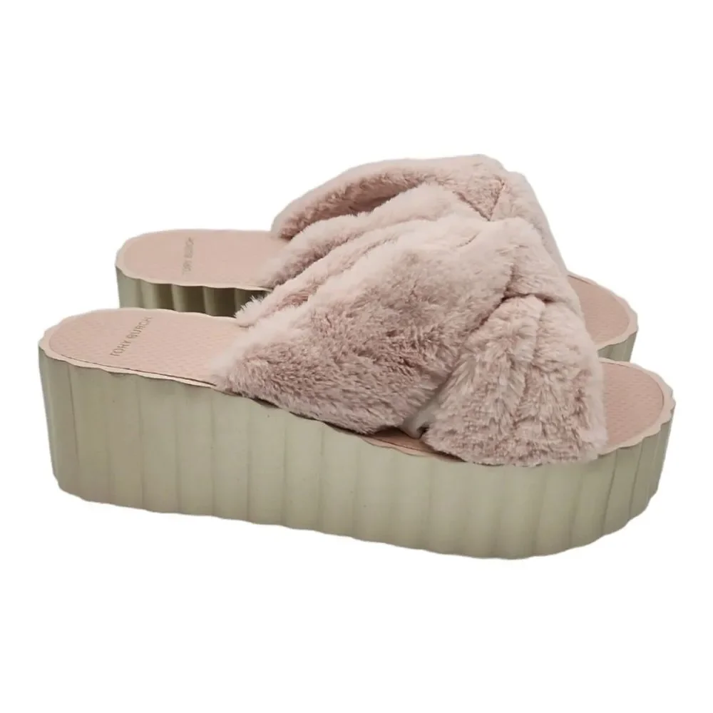 Tory Burch Faux Fur Scallop Wedge Slide Sandal‎ Sea Shell Pink Size 10 $168