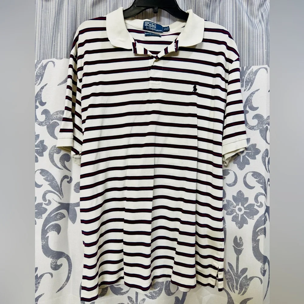 EUC Polo Ralph Lauren Men's Polo Shirt - White, Red and Black Stripes Size‎ XL