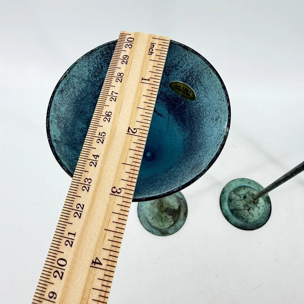 Vtg Verdigris Taper Christian Beaumont Post-Modern Decor Teal Metal Candlesticks