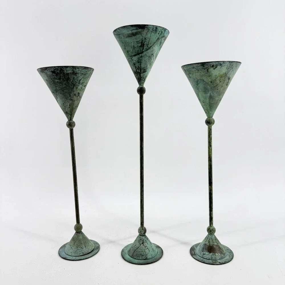 Vtg Verdigris Taper Christian Beaumont Post-Modern Decor Teal Metal Candlesticks