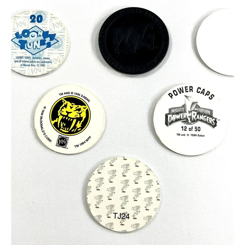 Lot Of 18 Pogs Milk Caps Vintage 1995 Looney Tunes, Power Rangers, Snoopy & More