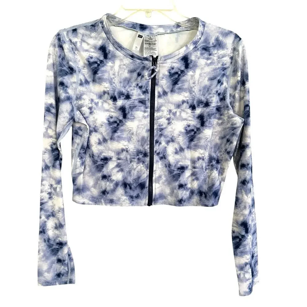 Gap crop top features a blue and white tie-dye pattern front zipper size XL