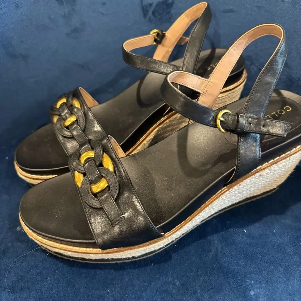COLE HAAN Cloudfeel Espadrille 75MM Platform Wedge Sandals Black & Gold Size 8.5