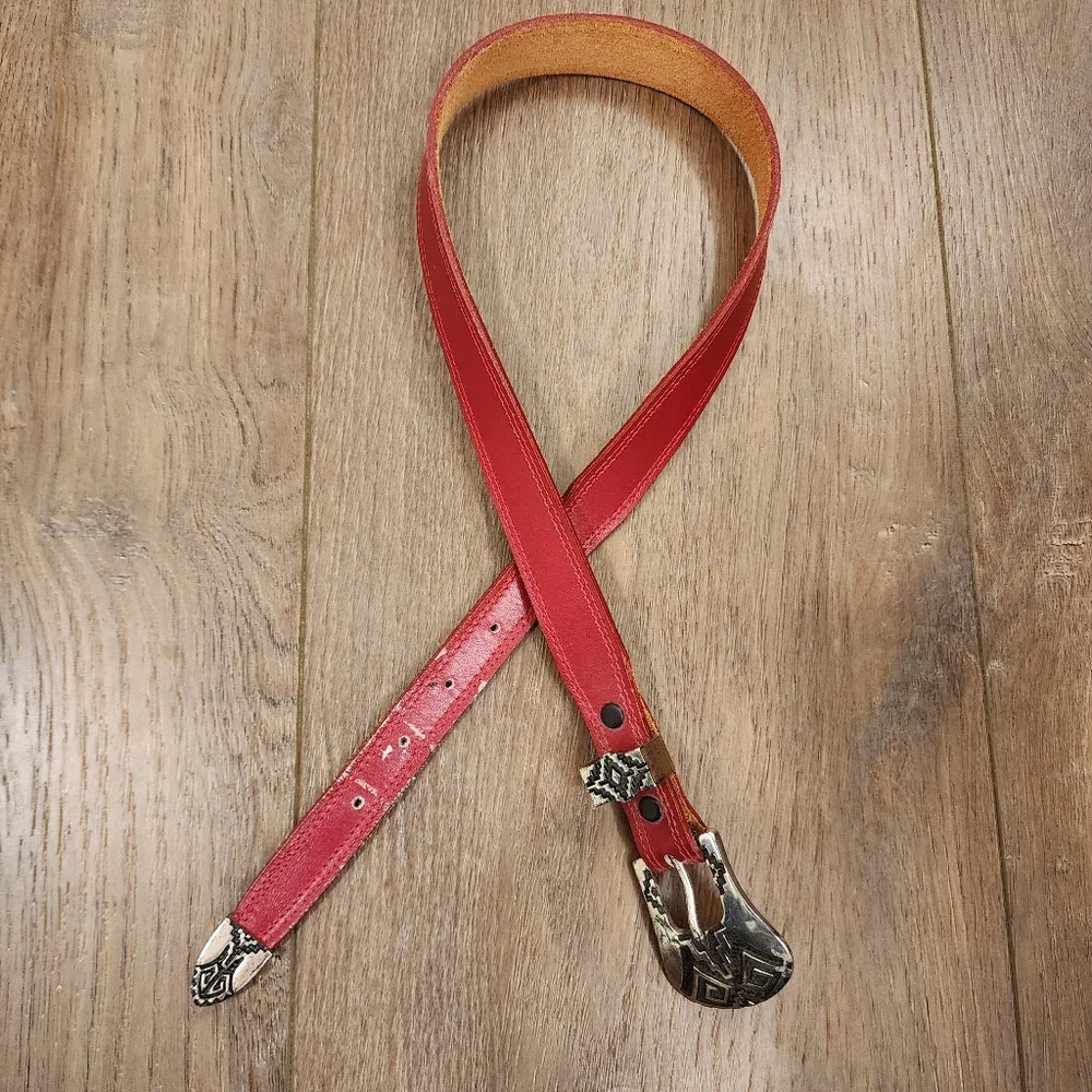 Nocona Red Leather Belt with Silver Aztec Southwestern Design Buckle size 26