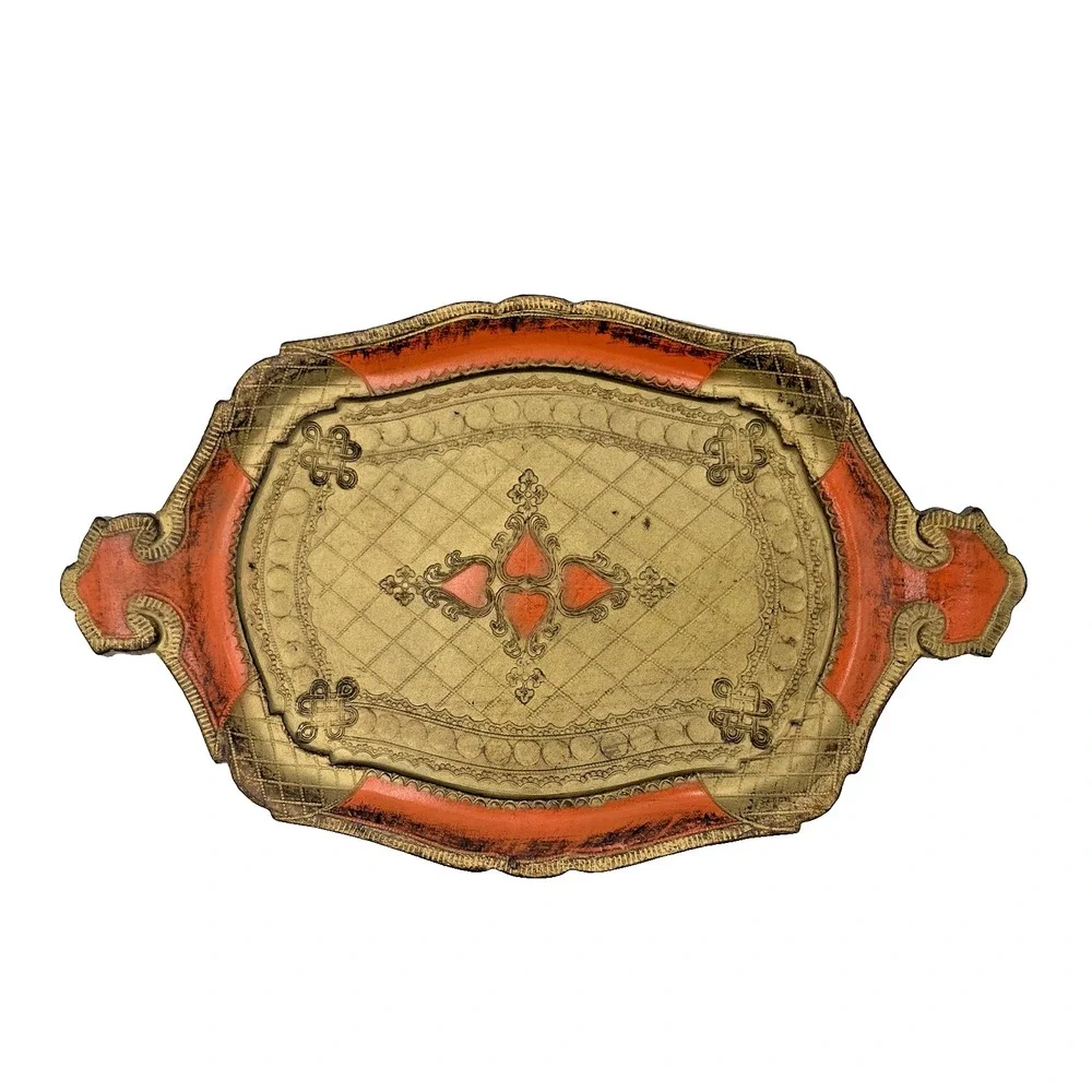 Vintage Italian Florentine Gilt‎ Toleware Orange Gold 9x14