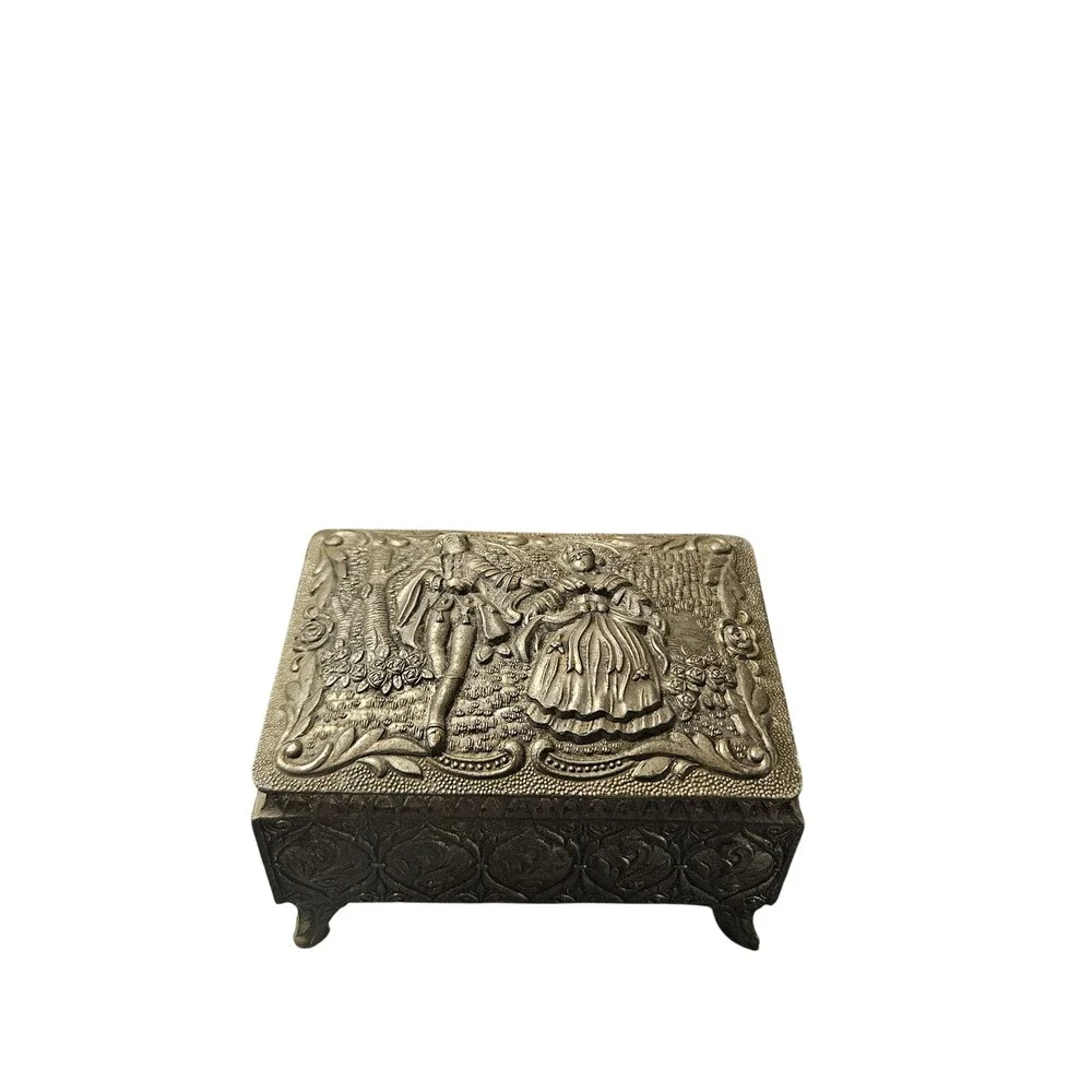 Vintage Ornate Metal Jewelry‎ Box with Figural Design Trinket Keepsake Decor
