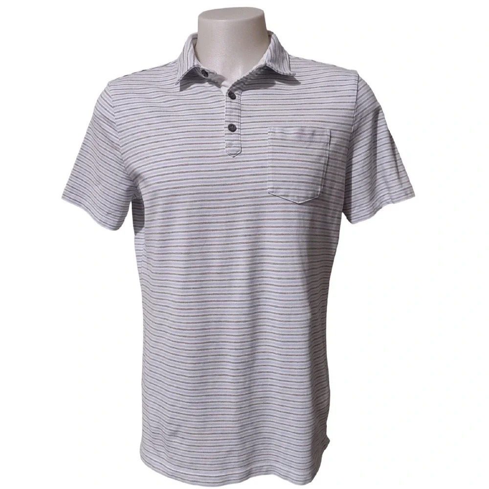 Banana Republic Polo Shirt Large Mens‎ Striped Performance Pique Gray White Bold