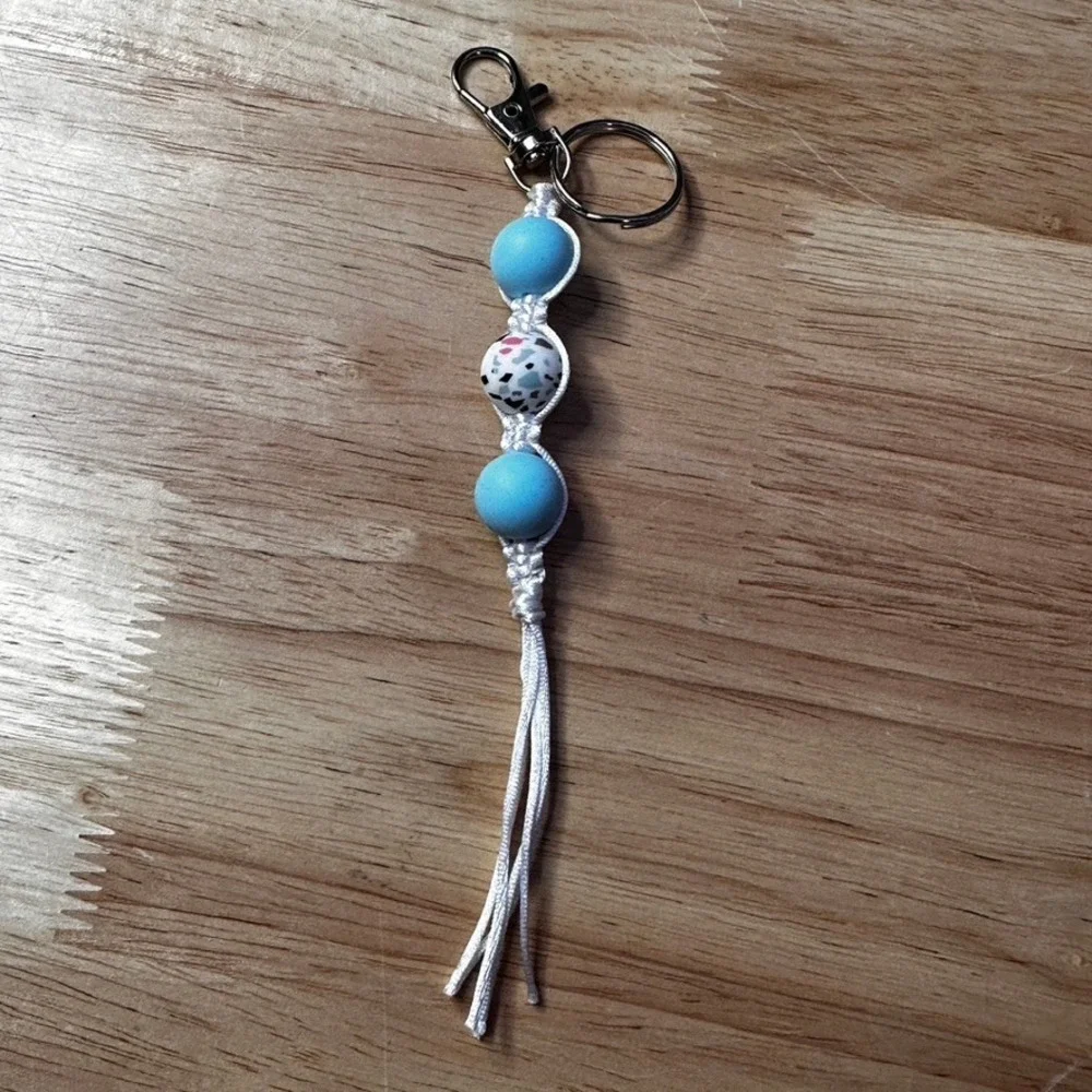 Handmade Macrame Silicone Bead Keychain Blue Terrazzo Boho Bag Charm Silver Tone