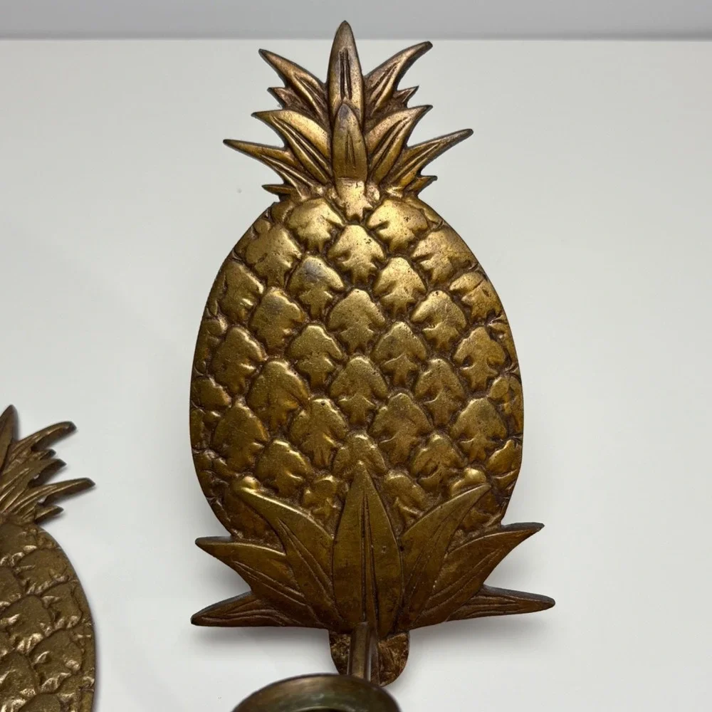 Pair Vintage Pineapple Candle Wall Sconces Solid Brass India Mid Century Decor