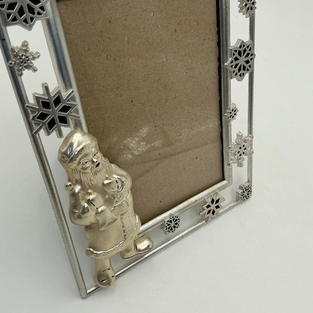 Silver Tone Santa Claus Snowflake Christmas Picture Frame 3.5x5 Holiday Decor