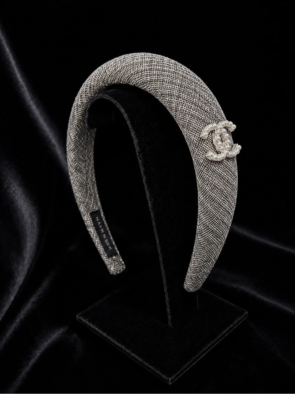 Gray Tweed Headband with Pearl Embellished CC Accent