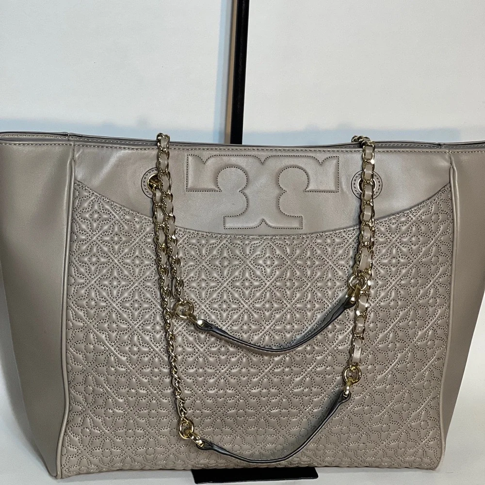 Tory Burch Gray Quilted Leather Tote