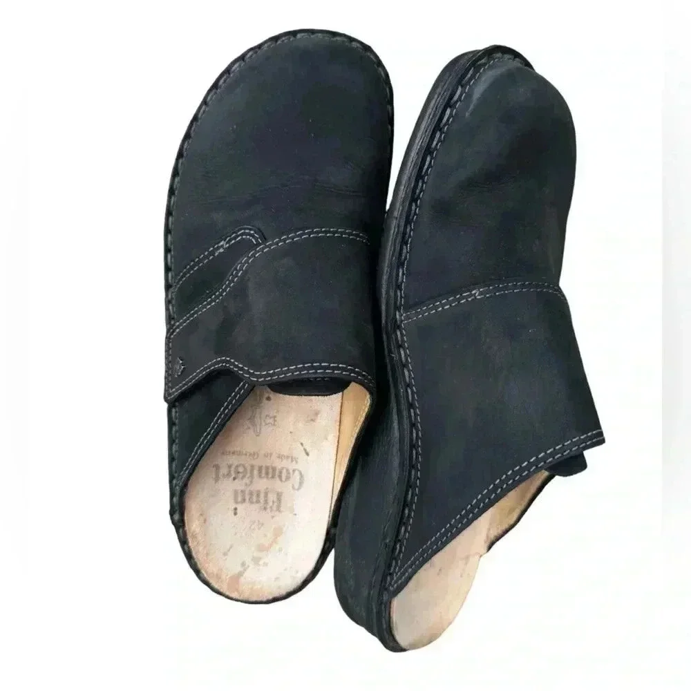 FINN COMFORT Men’s Black Venice Leather Mule Shoes Size EUR 42