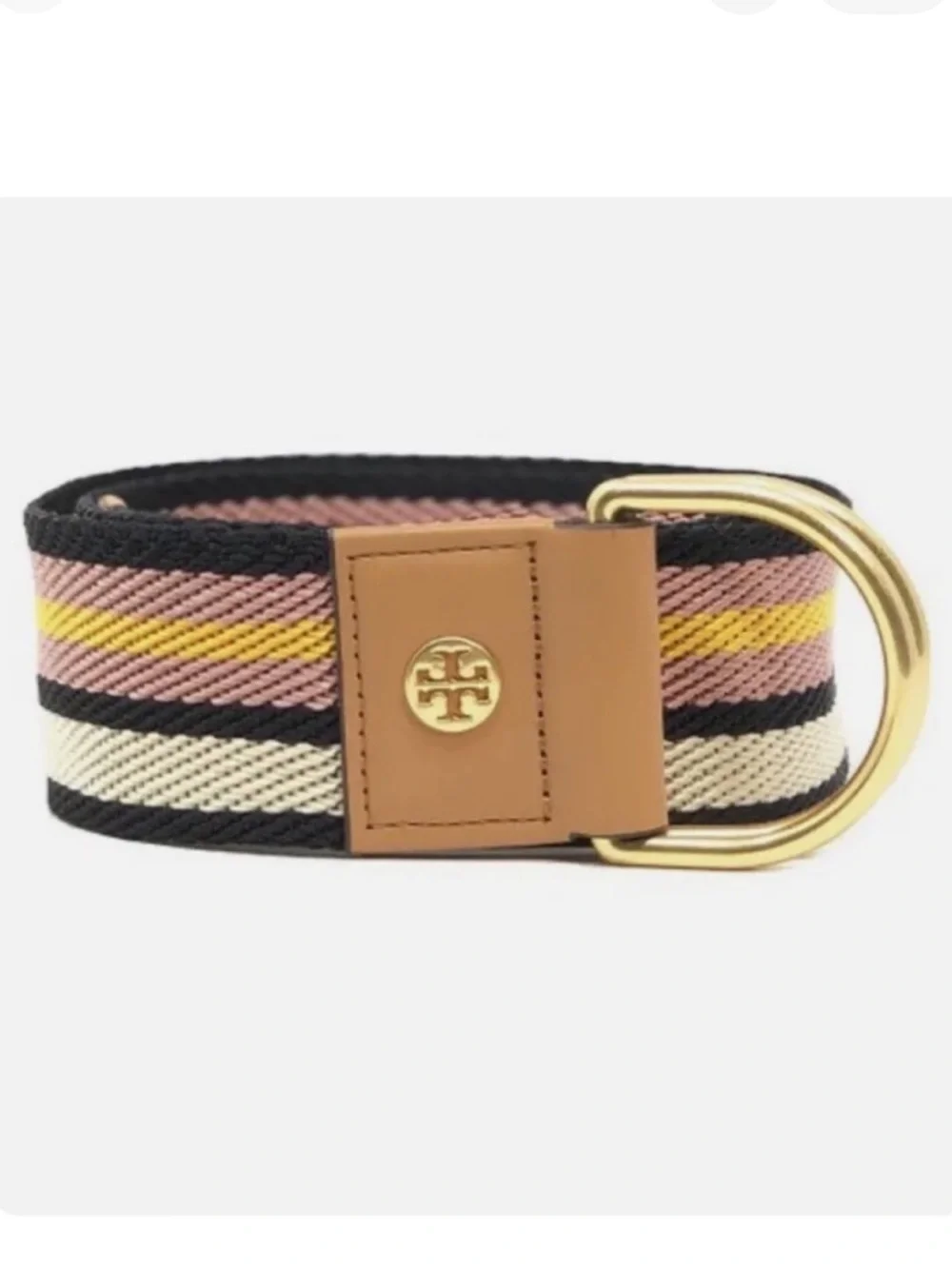 Tory Burch Web Belt Multicolor Stripe Brown Leather Buckle Gold Tone D Ring XS