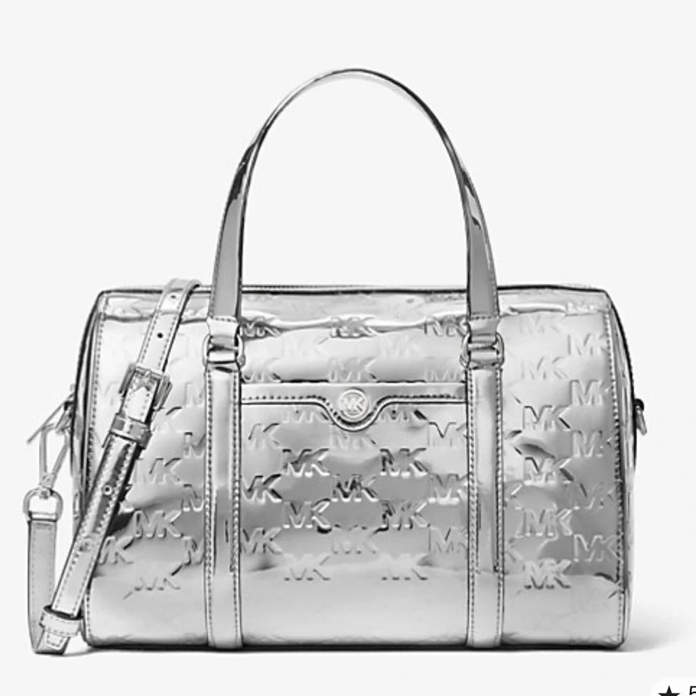 MICHAEL KORS Jet Set Medium Patent Logo Debossed Duffel Crossbody Bag Silver NWT