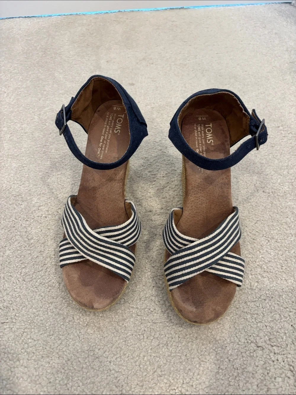 Toms Navy and White Striped Crisscross Wedge Sandals with Ankle Strap