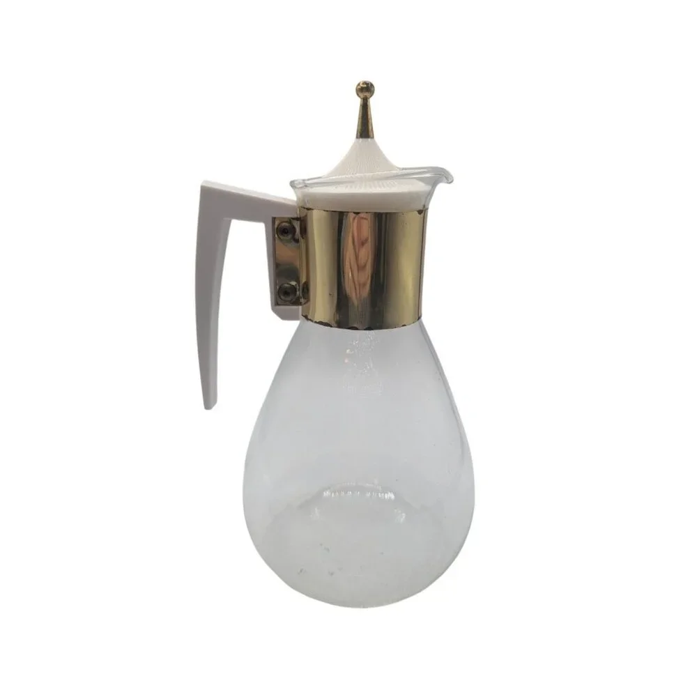 Vtg Clear Glass MCM Coffee Carafe Gold Neck Band Mid Century
