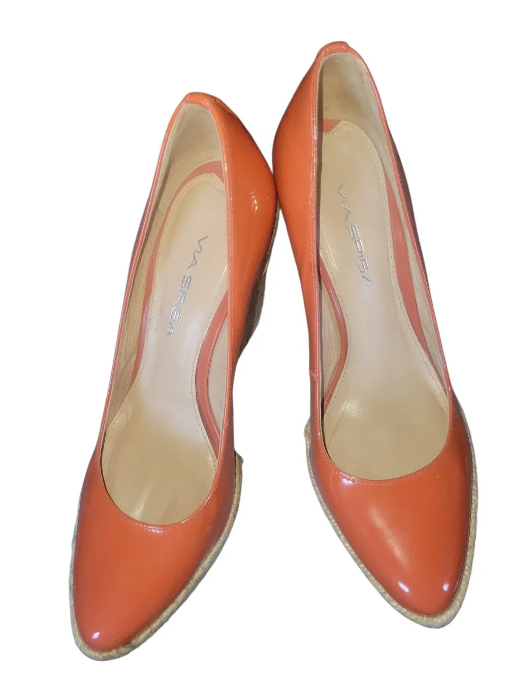 Via Spiga Vibrant  Orange Patent Leather Wedge Espadrille Woven Jute Sole 8