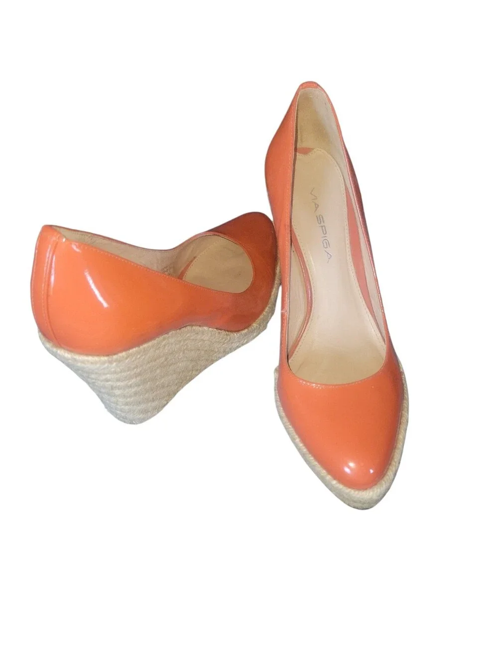 Via Spiga Vibrant  Orange Patent Leather Wedge Espadrille Woven Jute Sole 8