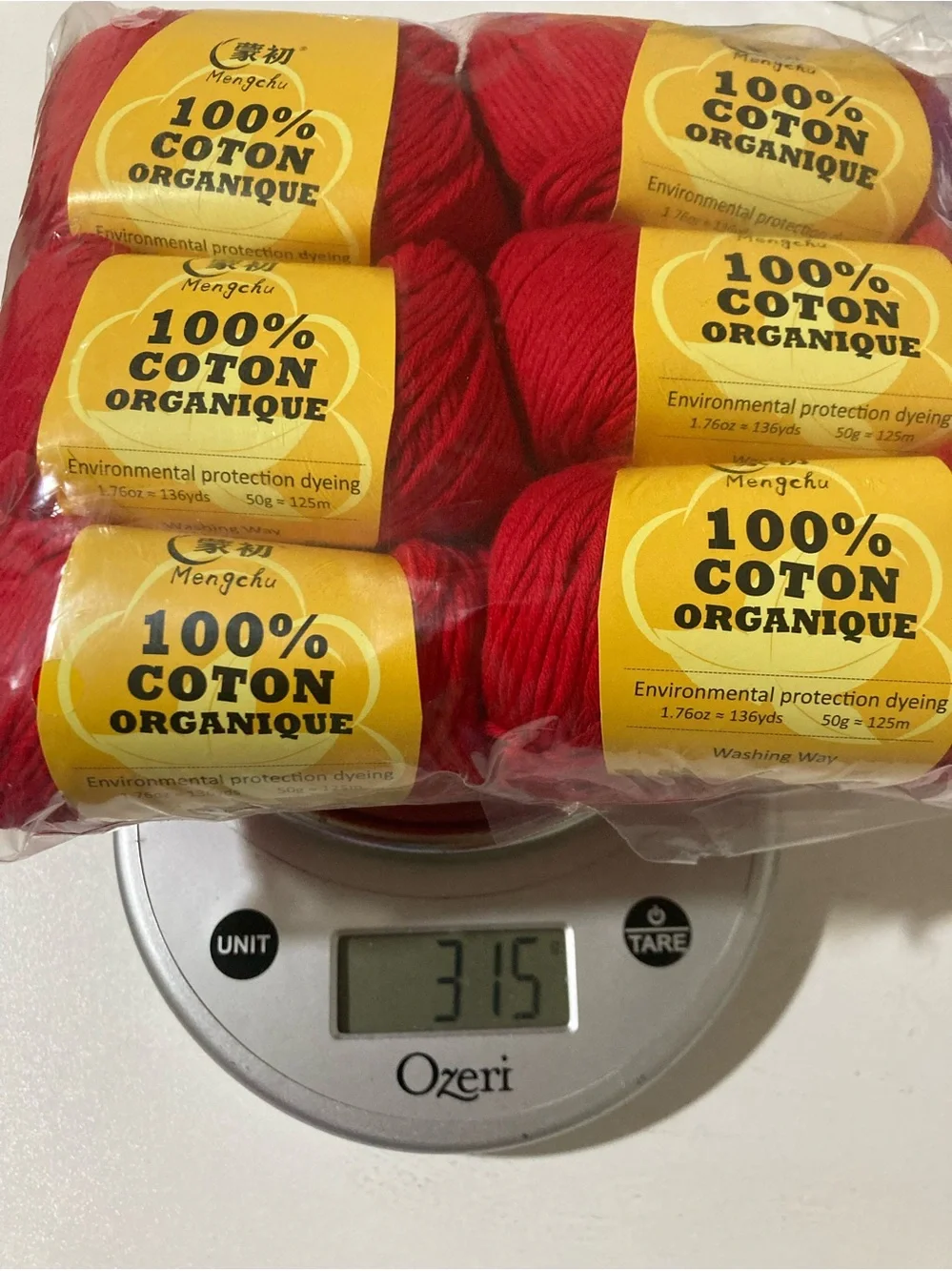 NWT 6 Mengchu 100% Organic Cotton Yarn Color: Real Red ~48g ea‎ / 10.5 oz total