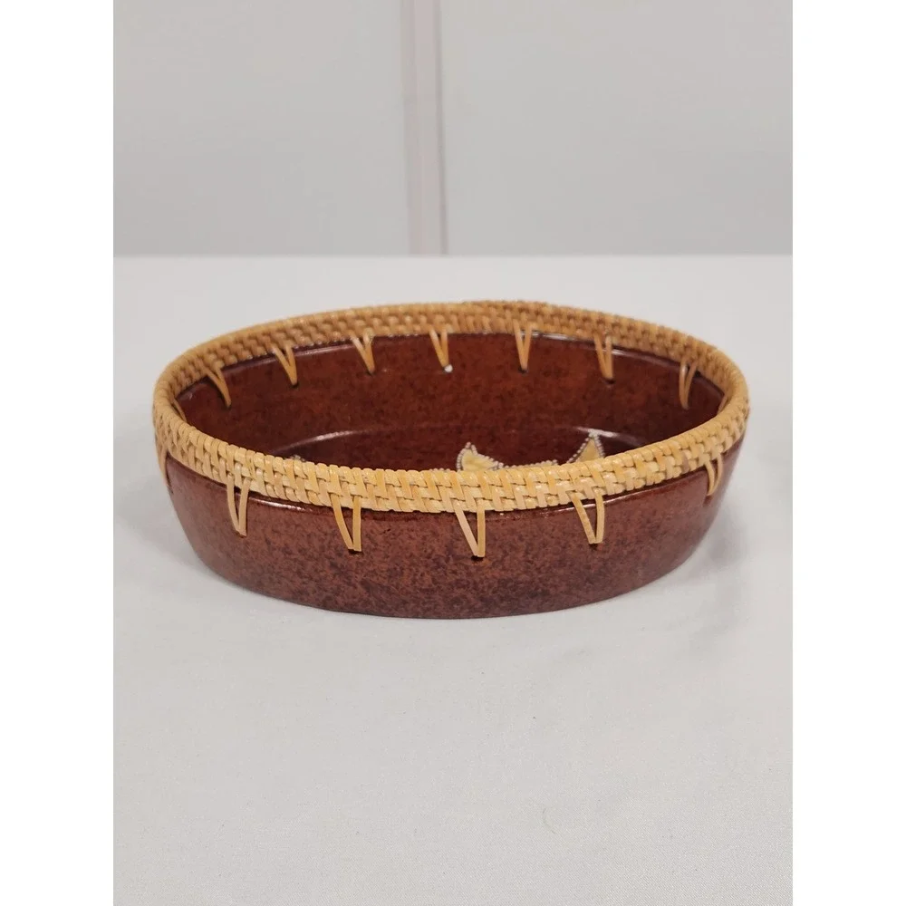 VTG Terracotta‎ Fish Bowl with Woven Rattan Trim Boho Decor Handmade 5.5