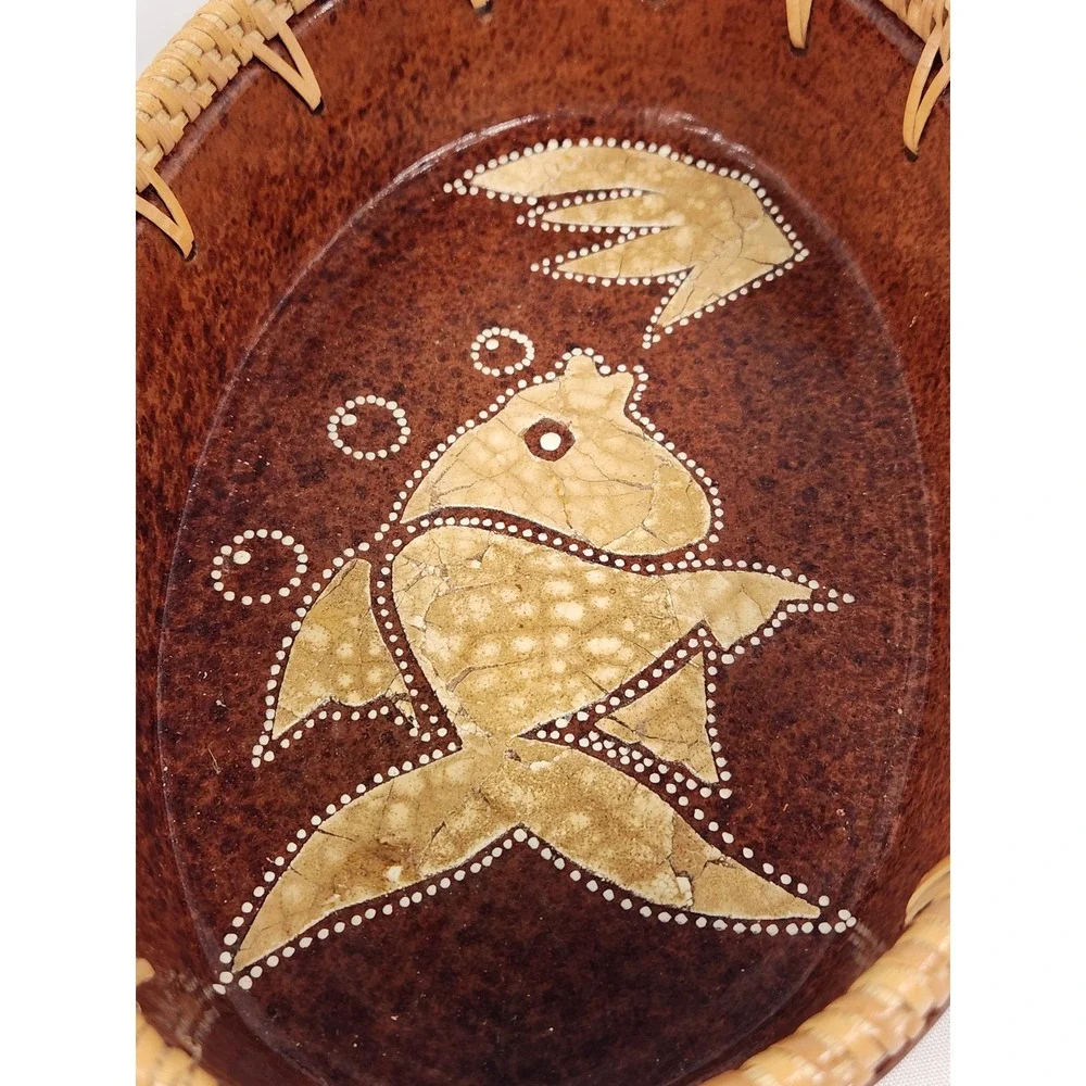 VTG Terracotta‎ Fish Bowl with Woven Rattan Trim Boho Decor Handmade 5.5