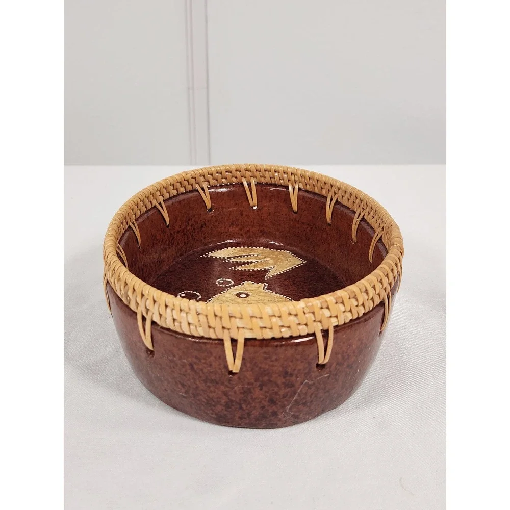 VTG Terracotta‎ Fish Bowl with Woven Rattan Trim Boho Decor Handmade 5.5