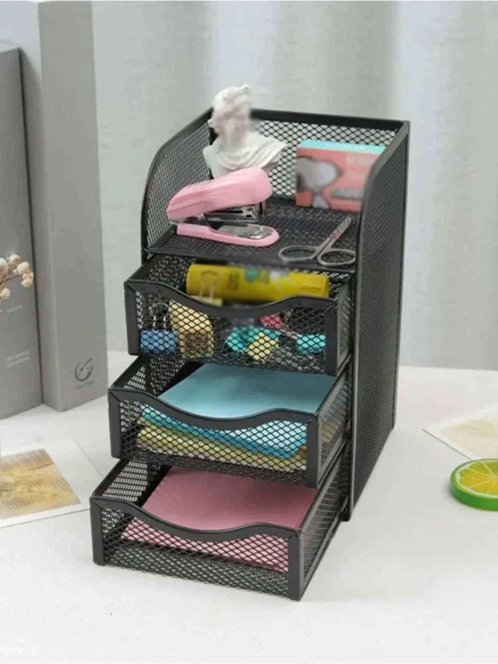 2 Pcs 3-Drawer & Compartment Metal Mesh Office Home Desktop Storage Organizer