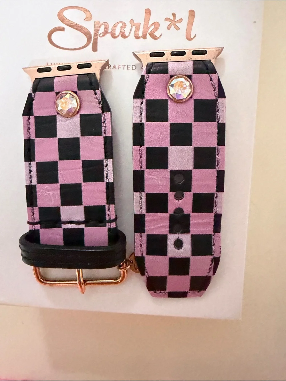 Spark*l Bands- Black & Pink Mini Checks on Black Veg Sivella Watchband (size 1)
