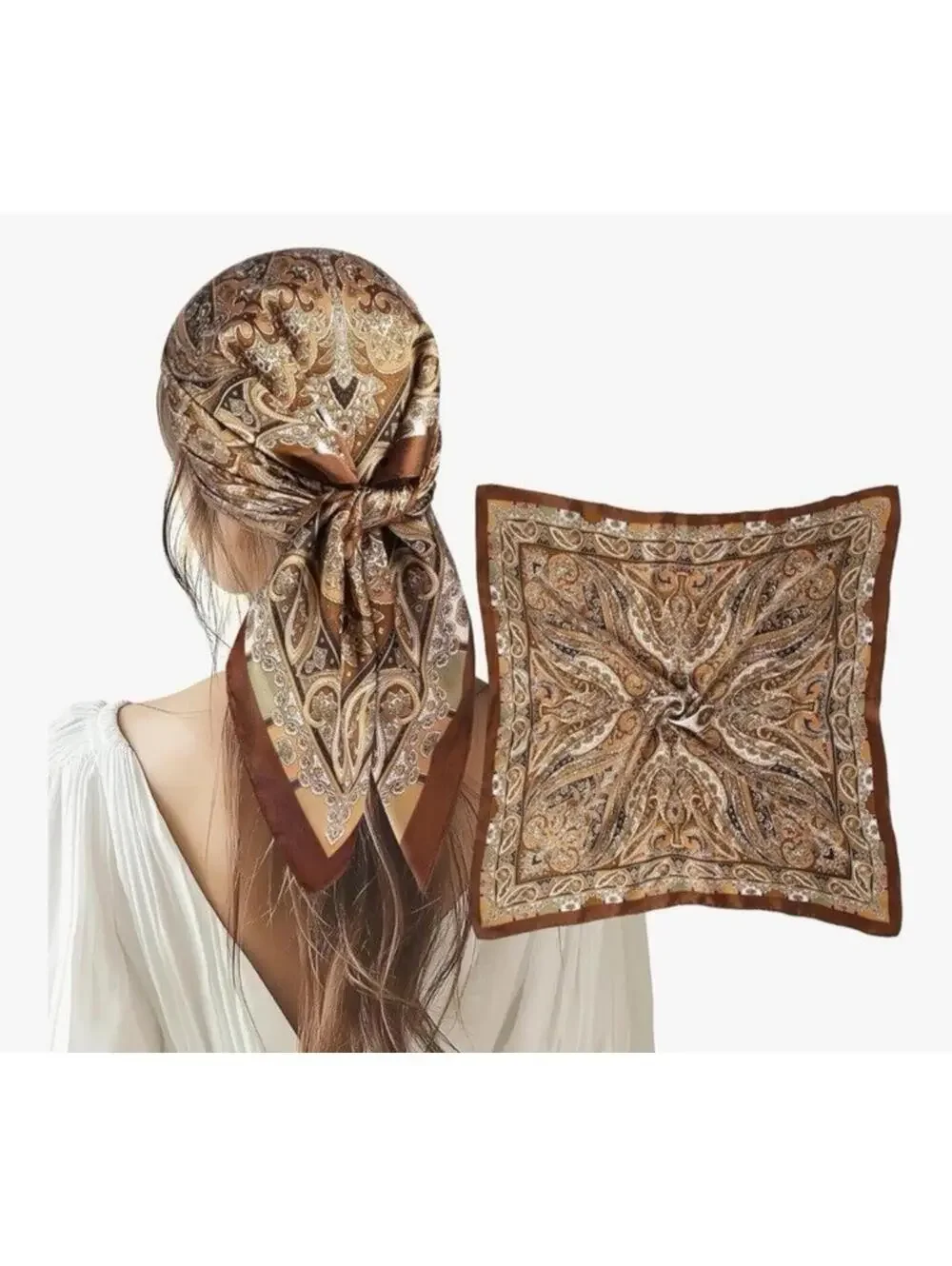 Brown Paisley Polyester Satin Head Scarf Silky Hair Bandana Neck Scarf NEW