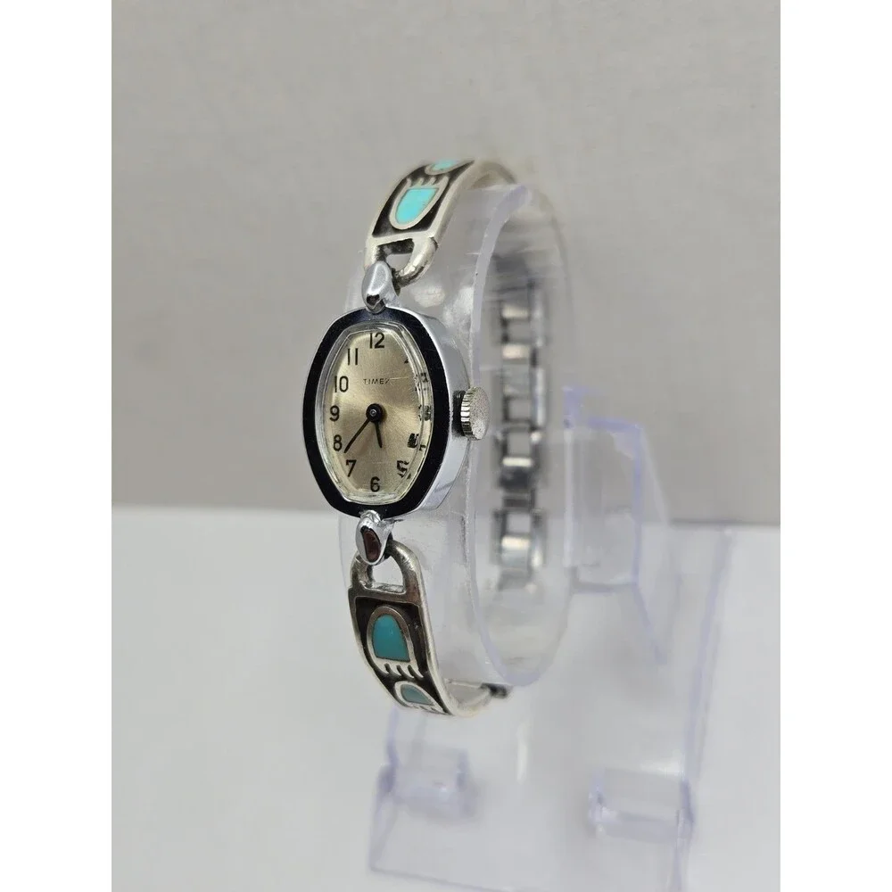 Vintage 1974 Timex Cavatina Hand Wind Sterling Silver Turquoise Bear Paw Watch
