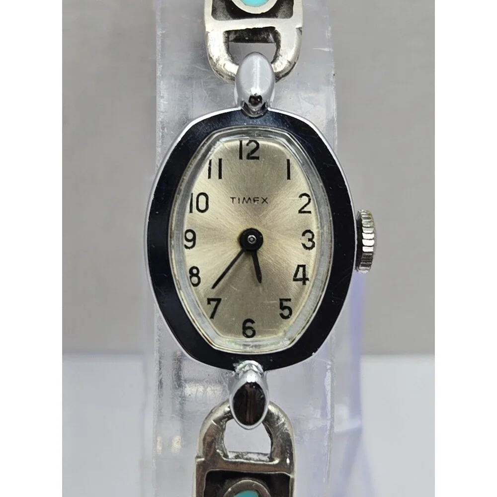 Vintage 1974 Timex Cavatina Hand Wind Sterling Silver Turquoise Bear Paw Watch