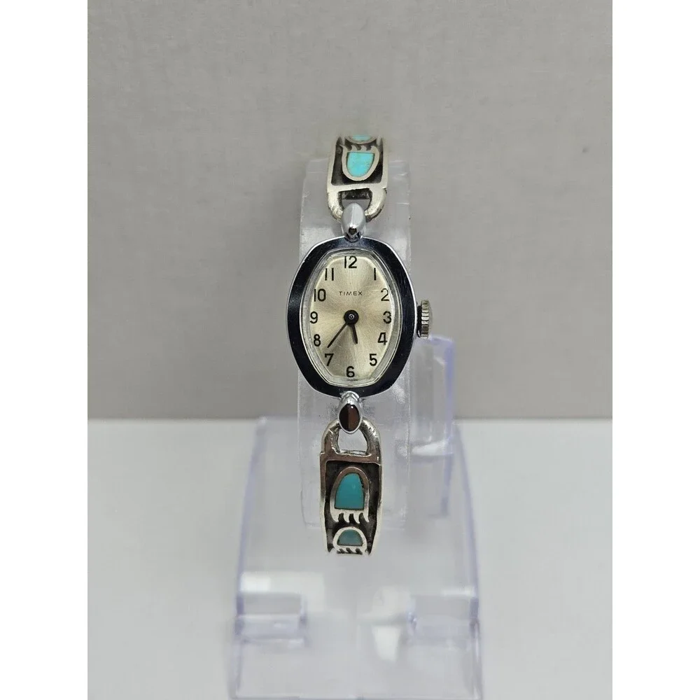 Vintage 1974 Timex Cavatina Hand Wind Sterling Silver Turquoise Bear Paw Watch