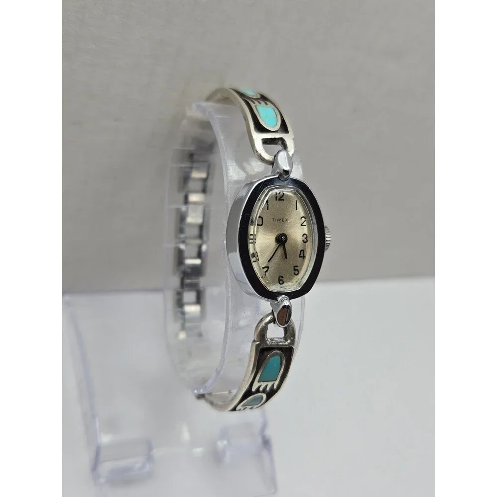Vintage 1974 Timex Cavatina Hand Wind Sterling Silver Turquoise Bear Paw Watch