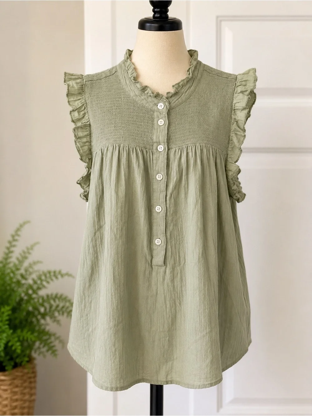 J.Crew Sage Green Smocked Ruffle Sleeveless Cotton Blouse Medium
