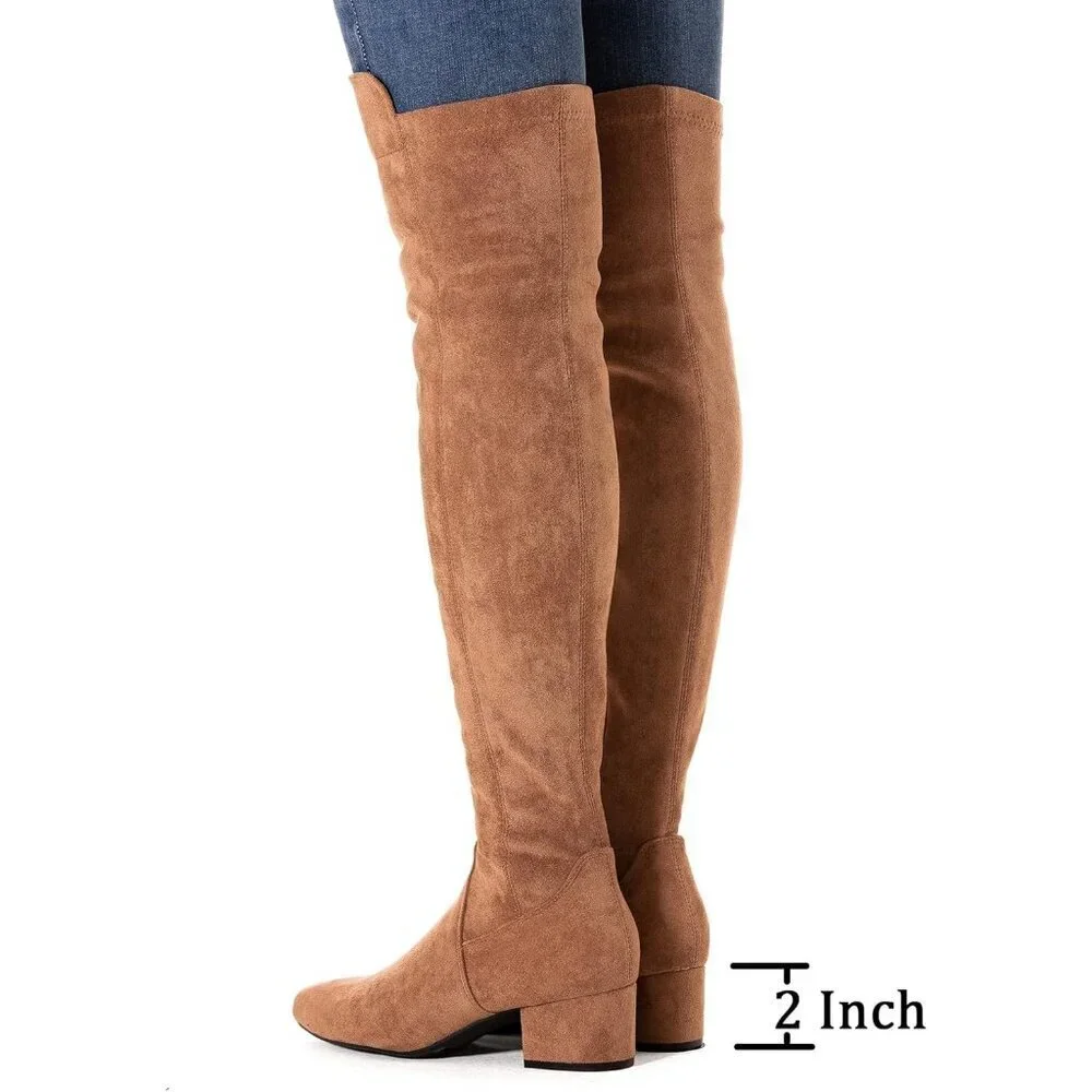 Women Brown/2 Inch Heel Faux Suede Over The Knee Thigh High Low Block Heel Boot