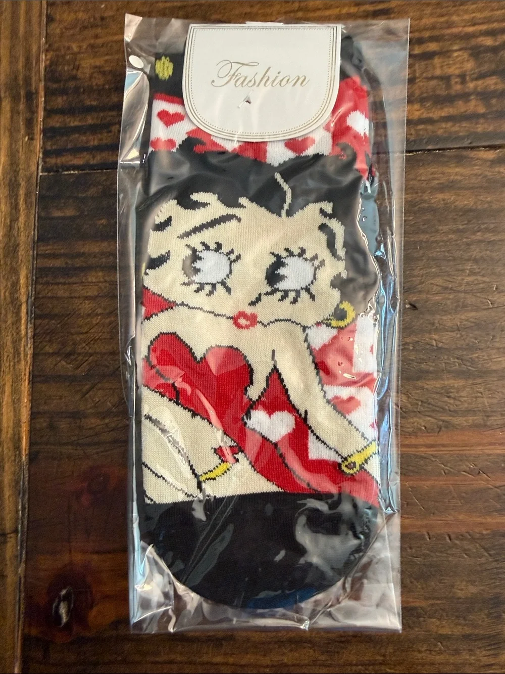 Fashion ‘Betty Boop’ Heart Graphic Ankle Socks in Red, Black, Cream (OS)