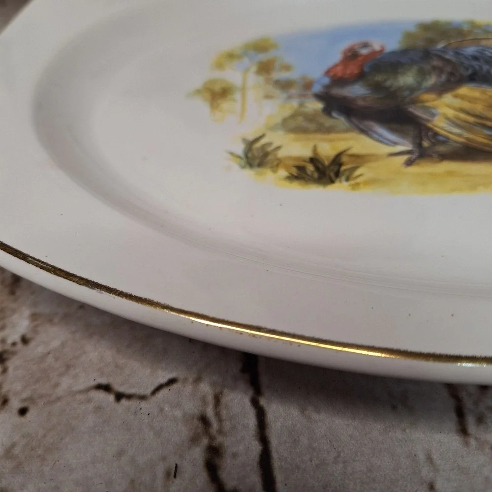 Vintage Kenilworth USA Turkey Serving Platter Thanksgiving Oval Gold Rim 15x11in