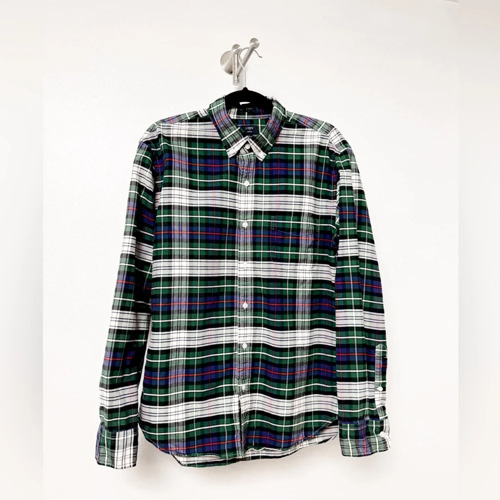 Set of 2 J. Crew Oxford Button‎ Up Plaid Cotton Long Sleeve Shirts Red Green L