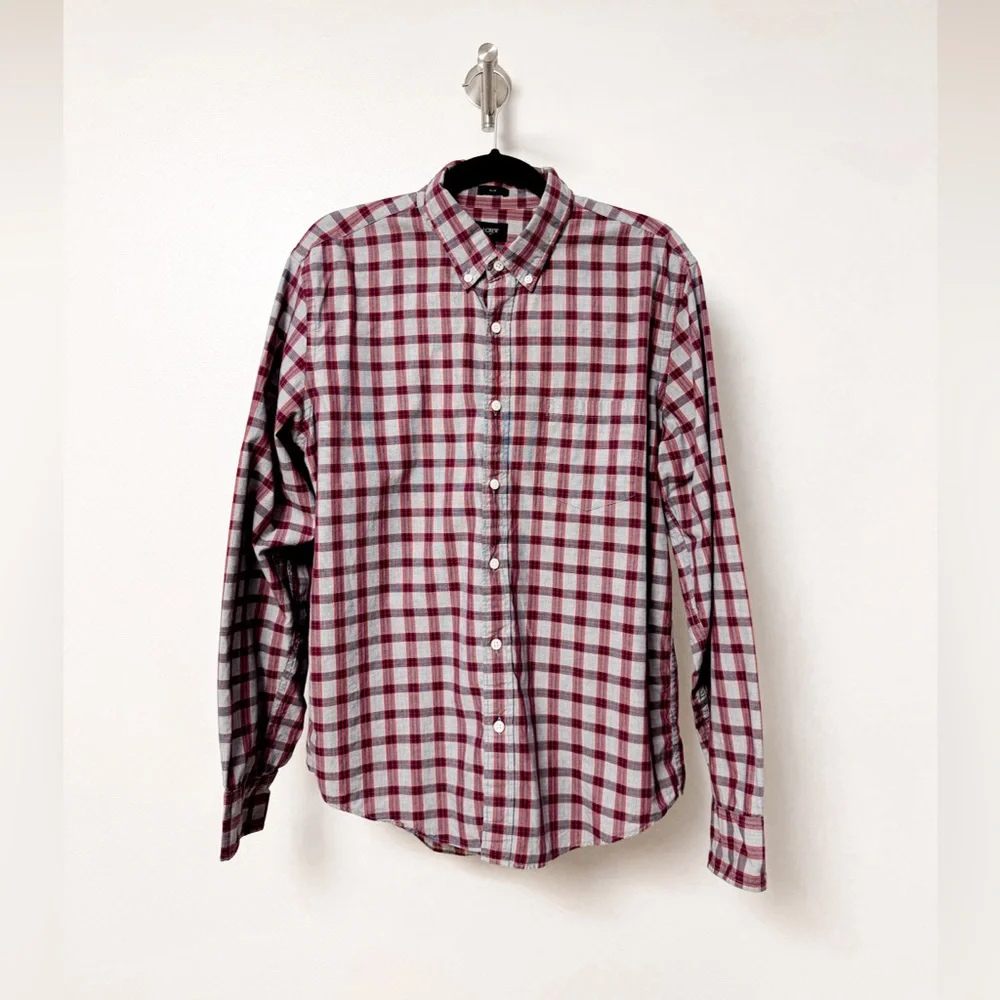 Set of 2 J. Crew Oxford Button‎ Up Plaid Cotton Long Sleeve Shirts Red Green L