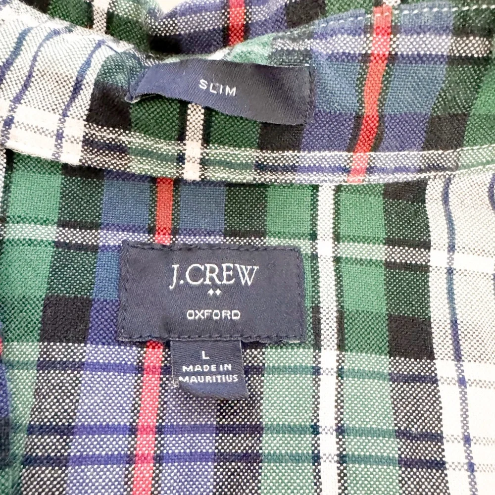 Set of 2 J. Crew Oxford Button‎ Up Plaid Cotton Long Sleeve Shirts Red Green L